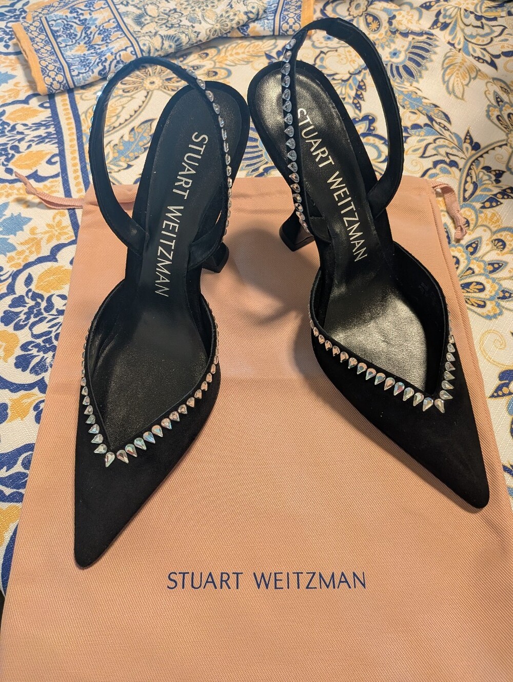 Stuart Weitzman Black Suede Crystal Slingback Heels – Size 8 / 38.5 OBO